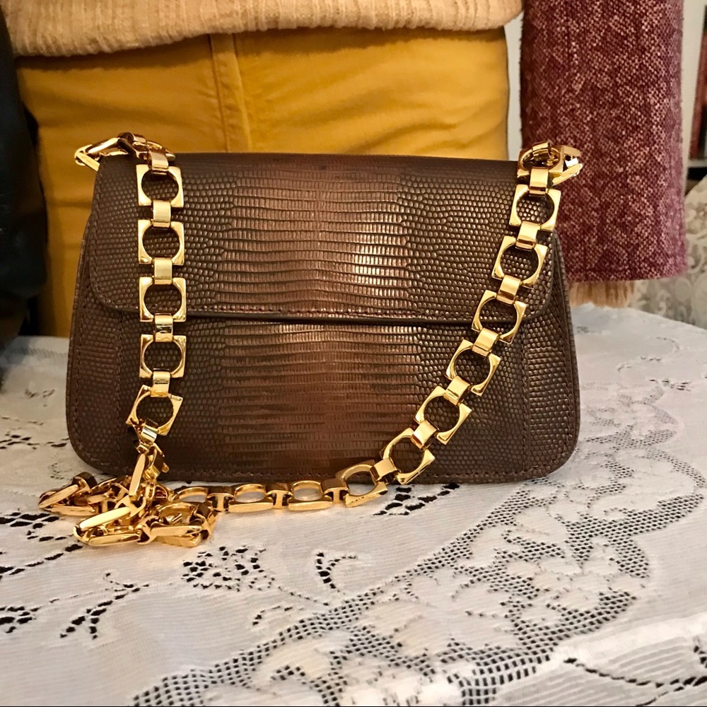 PRIVATELY SOLD!!! Cole Haan brown leather lizard skin and yellow metal chain m - Picture 10 of 10